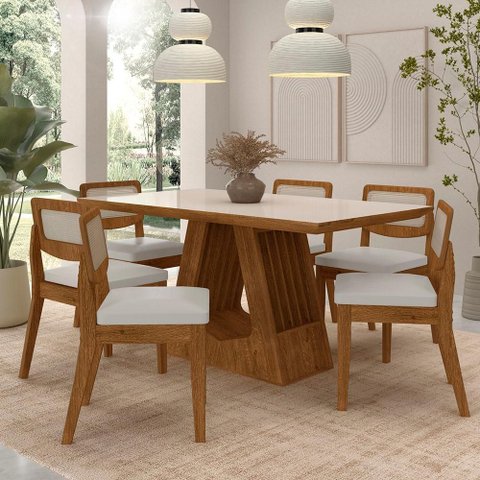 Mesa Santiago com 6 Cadeiras Sextavada Freijó/off/corino Branco - M.a Freijó/off Premium/corino