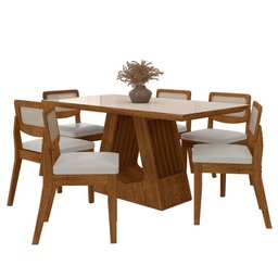 Mesa Santiago com 6 Cadeiras Sextavada Freijó/off/corino Branco - M.a Freijó/off Premium/corino - 1