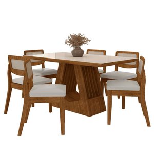 Mesa Santiago com 6 Cadeiras Sextavada Freijó/off/corino Branco - M.a Freijó/off Premium/corino