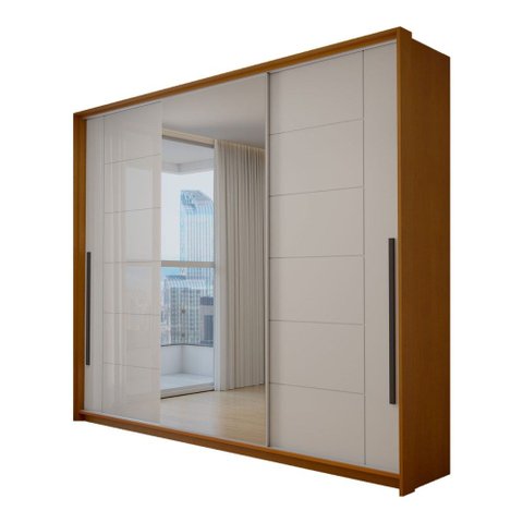 Guarda-Roupa Casal Genebra 3 Portas 4 Gavetas com Espelho Freijó/Branco - Panorama Móveis