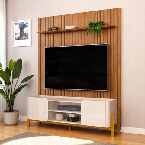 Bancada Cher e Painel Trento para Tv até 65 Polegadas 183x240cm Off White Freijó- Mabe Magazine