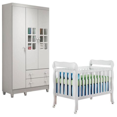 Berço Americano Lila e Guarda Roupa Mariah 3 Portas Branco Brilho – Carolina