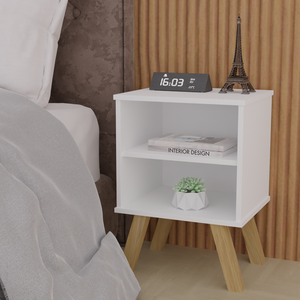 Mesa de Cabeceira Gênesis Branco - Nicho / Prateleira Mdf Pé de Madeira