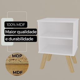 Mesa de Cabeceira Gênesis Branco - Nicho / Prateleira Mdf Pé de Madeira - 4