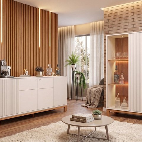Buffet 4 Portas Mondrian com Cristaleira com LED Mondrian Microripado Bege/Off White