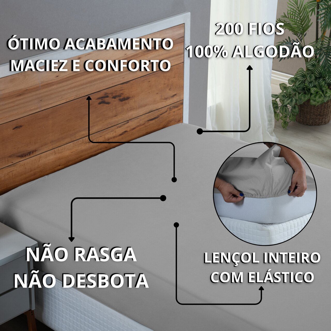 Roupa de Cama Queen Percal 200 Fios 100% Algodão Santista com Elástico Avulso Hotel Pousada:cinza - 4