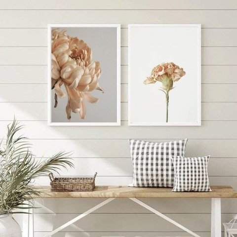 Kit 2 Quadros Decorativos Florais Nuances Bege 24x18cm - com Vidro:madeira Preta