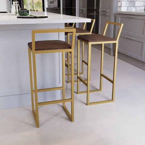 Jogo 3 Banqueta Alta Balcão Bistrô Dourada Confort Ind Premium Estofado Don Castro Decor