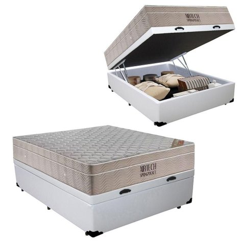 Cama Box Baú Casal Sintético + Colchão Ortobom Airtech Molas Ensacadas 138x188x65 Branco