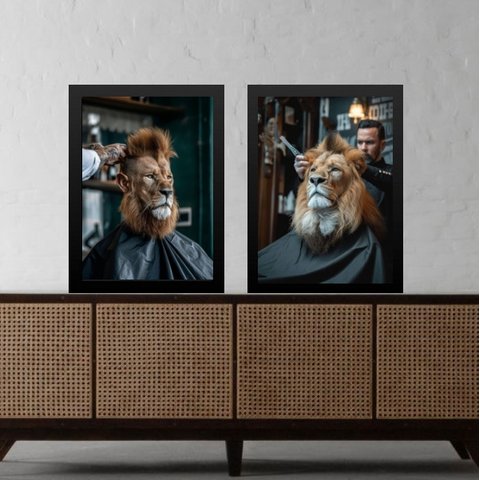 Kit 2 Quadros Decorativos Barbearia - Leão 45x34cm - com Vidro:moldura Branca