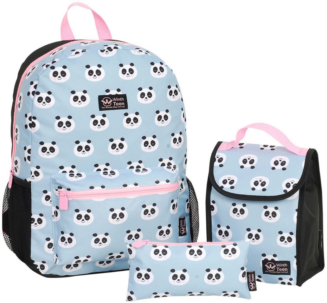 Mochila Feminina Escolar Bolsa Juvenil Infantil Reforçada Impermeável Panda Donuts Lancheira Té - Az