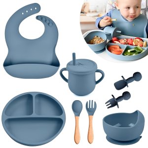 Kit Prato Infantil Silicone com Copo, Talher, Babador e Tigela:azul