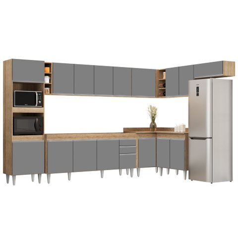 Armário de Cozinha Modulada de Canto 9 Peças CP04 Balcão Castanho/Cinza - Lumil Lumil Móveis