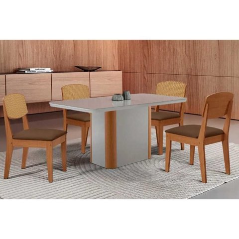 Sala de Jantar Completa Pietá C/ Tampo Madeirado C/ Vidro Canto Curvo 120x80cm e 4 Cadeiras Havana