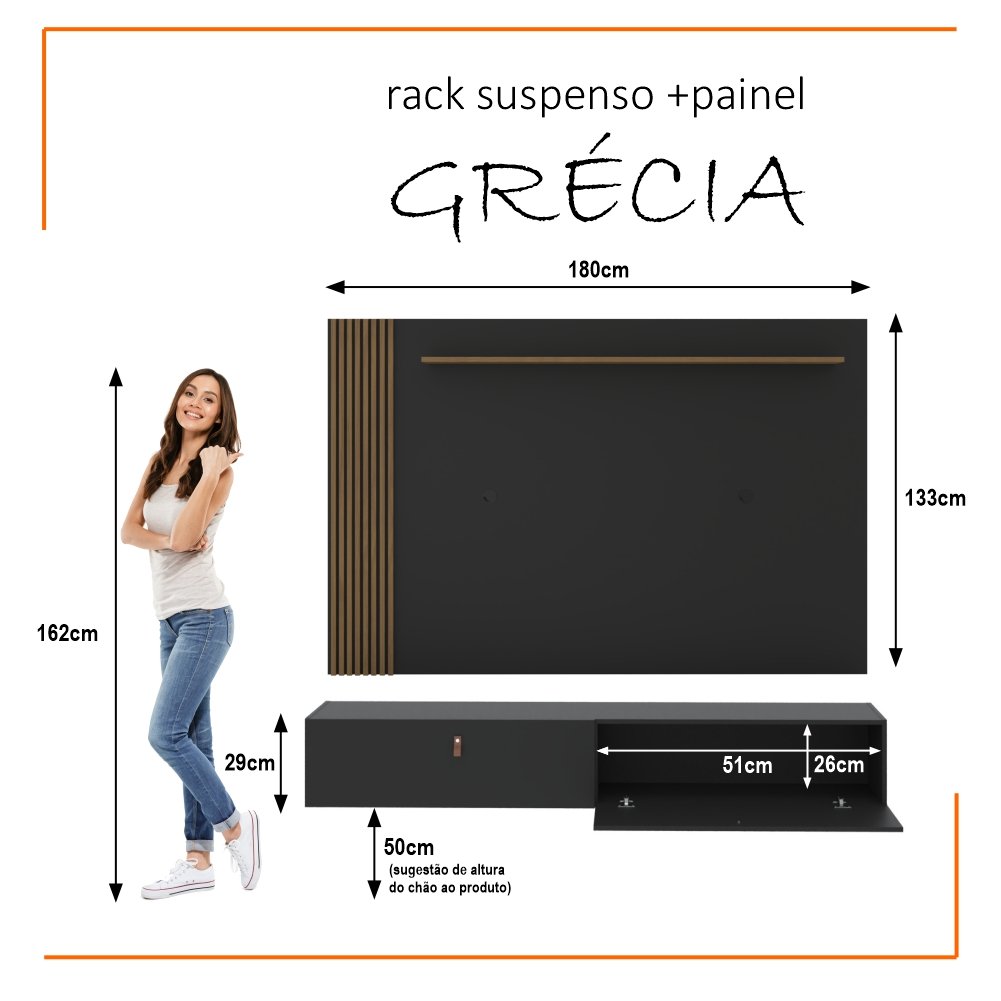 Rack com Painel Ripado Suspenso para Tv até 70 Polegadas 2 Portas Grécia 180cm - 2