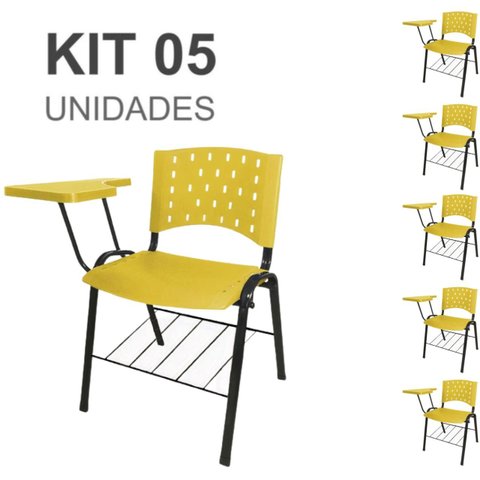 Kit 05 Cadeiras Plásticas Universitárias Prancheta Plástica com Porta Livros - Cor Amarelo