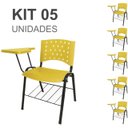 Ver imagem 1 de Kit 05 Cadeiras Plásticas Universitárias Prancheta Plástica com Porta Livros - Cor Amarelo