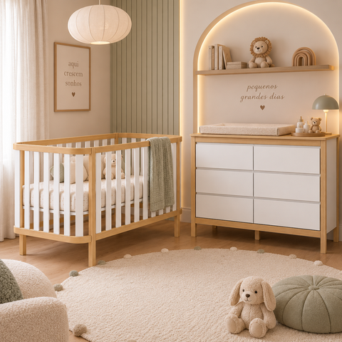 Conjunto Berço e Cômoda 120cm Softy Espaço para Trocador Branco com Carvalho Malva