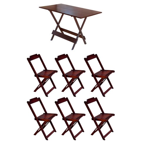 Conjunto Mesa de Madeira Dobrável 120x70 Imbuia 6 Cadeiras