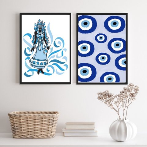 Conjunto 2 Quadros Decorativos Iemanjá Olho grego 45x34cm - com Vidro:madeira Preta