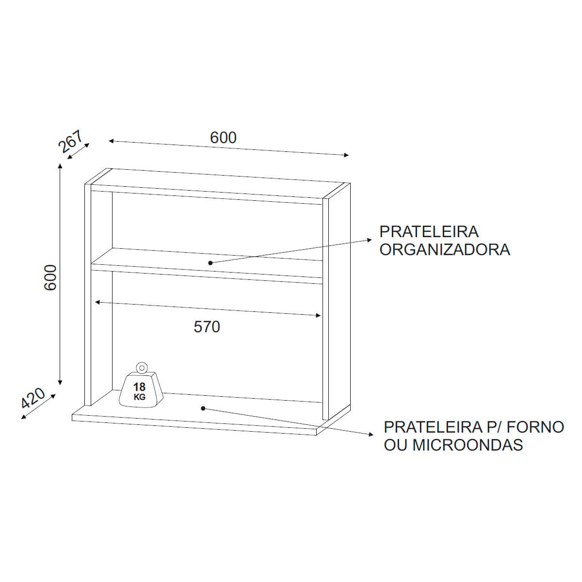 Armário Aéreo Suporte para Microondas com Nicho Luara Preto - 4