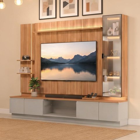 Rack para Sala com Painel para TV 75 pol Cristaleira LED 290cm Noble L05 Canela Gris Fosco - Lyam