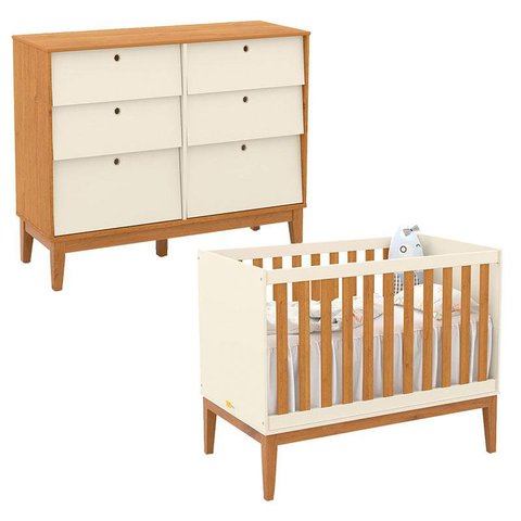 Berço Americano e Cômoda 6 Gavetas Unique Off White Freijó Eco Wood - Matic