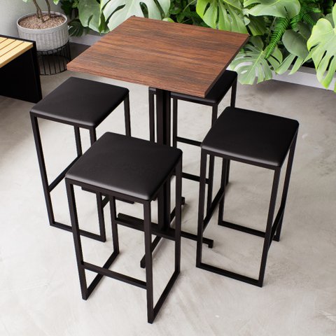 Conjunto Mesa Alta Bar Bistrô Quadrada Imbuia 4 Bancos Estofado Don Castro Decor