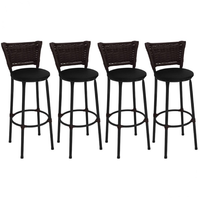 Kit 4 Banquetas Altas Preta com Encosto Junco Argila Assento Preto Kit 4 Banquetas Altas Preta com Encosto Junco Argila Assento Preto
