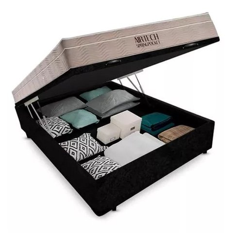Cama Box Baú Casal Preto + Colchão de Molas Ensacadas Ortobom Airtech Springpocket