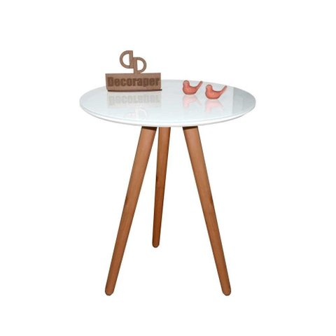 Mesa de Canto Pés Palito Amadeirado com Tampo Vidro 70cm Branco 70cm