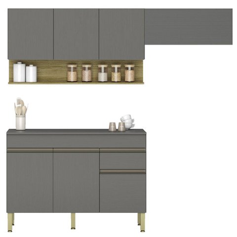 Armário de Cozinha 3 Peças Balcão com Tampo 120cm Lina05 K02 Gris/Freijó - Mpozenato