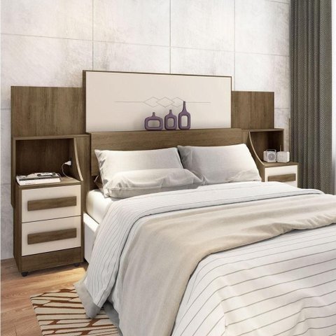 Cabeceira Casal Extensível Amanda Freijó Off White Fixação no Box MDF MDP com Mesas RV Móveis