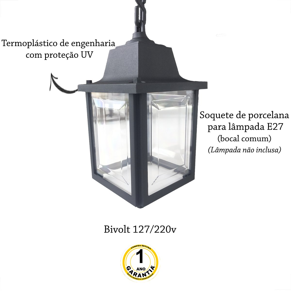 Luminária Pendente Externo Colonial Plastico Preto Alz14 - 3
