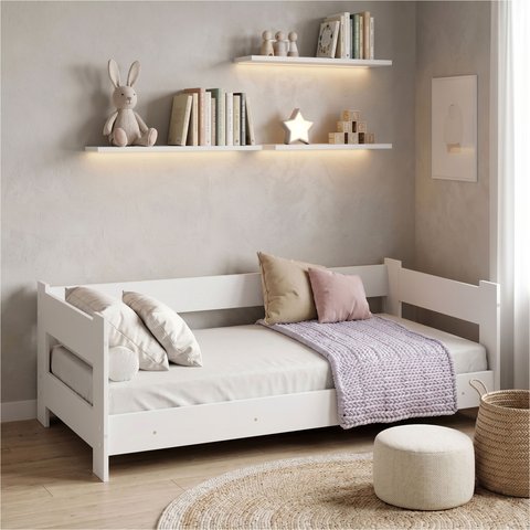 Cama Montessoriana Infantil Menina com Grade de Proteção para Transição - Branco