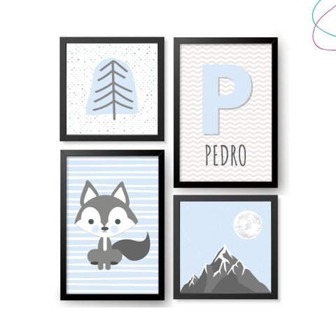 4 Quadros Decorativos Infantil Escandinavo Montanha Lobinho:preta