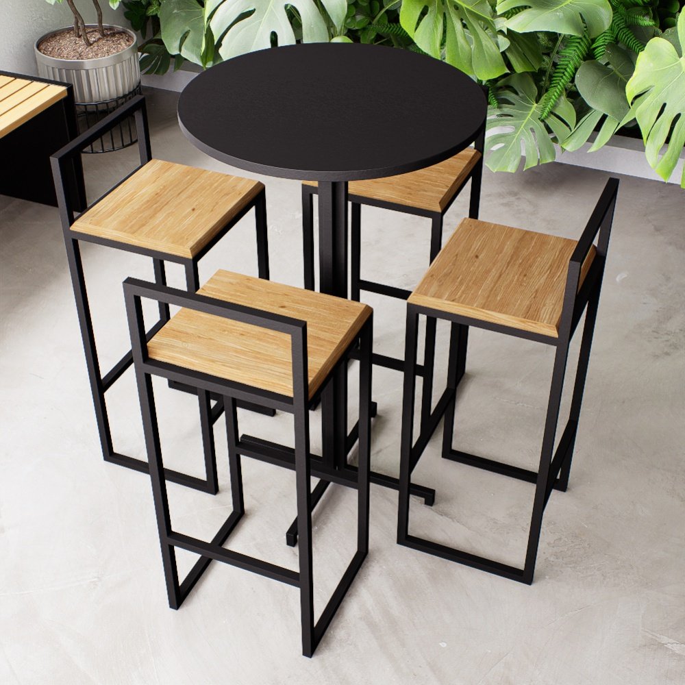 Conjunto Mesa Redonda Alta Preta 4 Cadeiras Pequena Estofado Industrial Black Don Castro Decor Indus