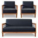 Ver imagem 1 de Kit 2 Poltronas e Sofá Living 2 Lugares Marilia 1,60m Corano Preto Base em Madeira Castanho