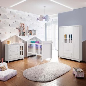 Quarto de Bebê Completo Gabrielle Berço Mini Cama Mirelle Guarda Roupa 4 Portas Cômoda Infantil 4