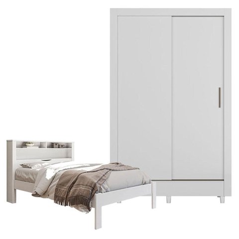 Guarda Roupa Bélgica 2 Portas e Cama Casal Invicta Branco Brilho - Santos Andirá