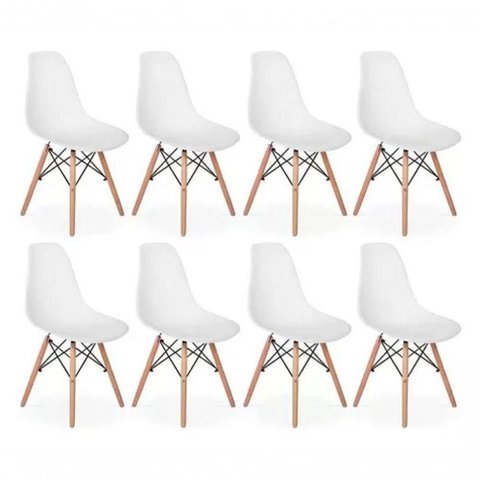 Kit com 8 Cadeiras Eiffel Charles Eames Dkr Base de Madeira, Cor Branca