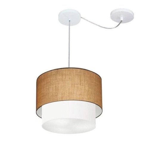 Pendente Cilindrico Com Desvio de Centro Vivare Md-4358 Cupula Tecido 30x25cm - Palha / Branco