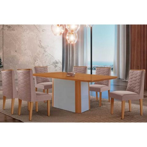 Conjunto: Mesa Sala Jantar Pietá C/ Tampo Madeirado Canto Curvo 180x90cm e 6 Cadeiras Dafne