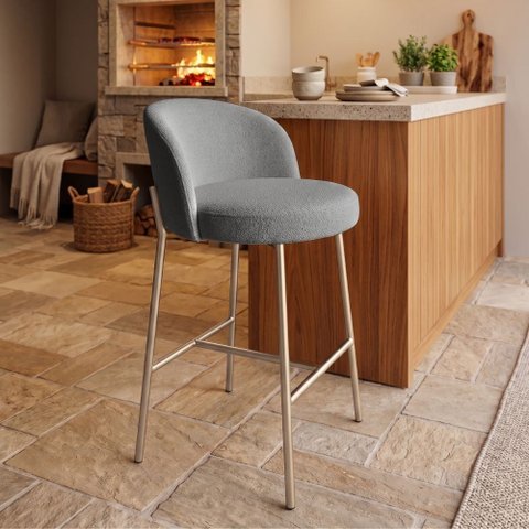 Banqueta Decorativa Elegance Recepção Gormet Base Champanhe Boucle Cinza - Montanaris Decor