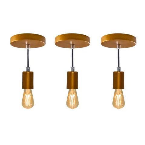 kit 3x Pendente Tubo Cilindro Alumínio 10cm Cobre + Filamento Carbono ST64 220V St458