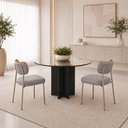 Ver imagem 1 de Kit 2 Cadeiras Sala de Jantar Lisa Pés Champanhe Linho/PU Cinza/Caramelo m² - Monari Design