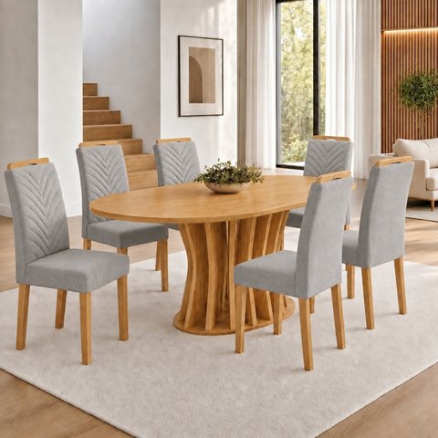 Conjunto Mesa de Jantar 6 Lugares Orgânica 180x90cm em MDF Cinamomo e Cinza