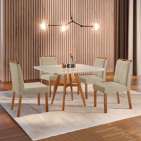 Conjunto Sala de Jantar Mesa Atenas Madeira Maciça 90x90cm Tampo Quadrado Vidro Off White com 4 Cade