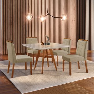 Conjunto Sala de Jantar Mesa Atenas Madeira Maciça 90x90cm Tampo Quadrado Vidro Off White com 4 Cade