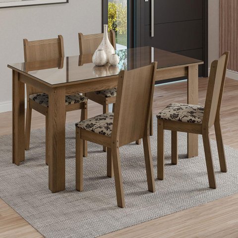Conjunto Sala de Jantar Mesa Tampo de Vidro 4 Cadeiras Kiara Madesa